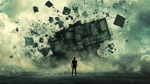 Solitary observer before disintegrating monolithic data cube.