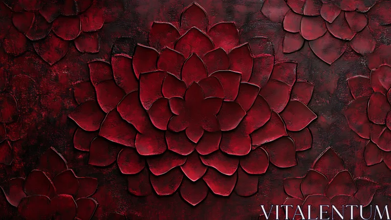 Textured crimson floral relief with layered abstract petals.