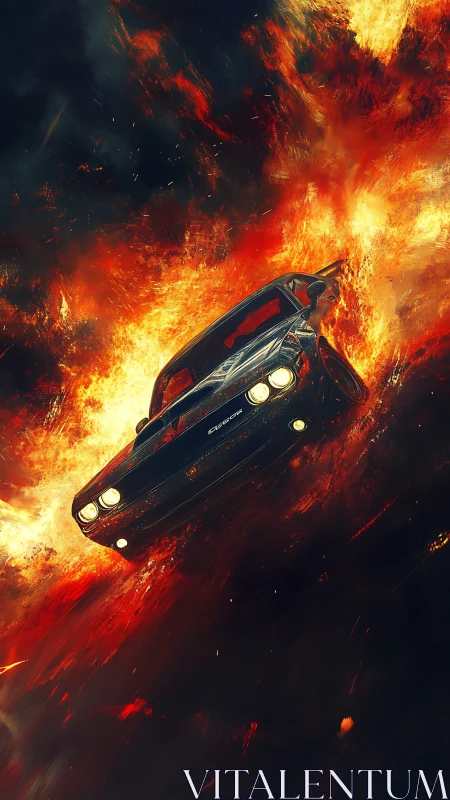 Muscle Car Inferno: Retro Engine Meets Apocalyptic Flames