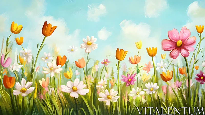 Vibrant Wildflower Meadow Under Spring Sky.