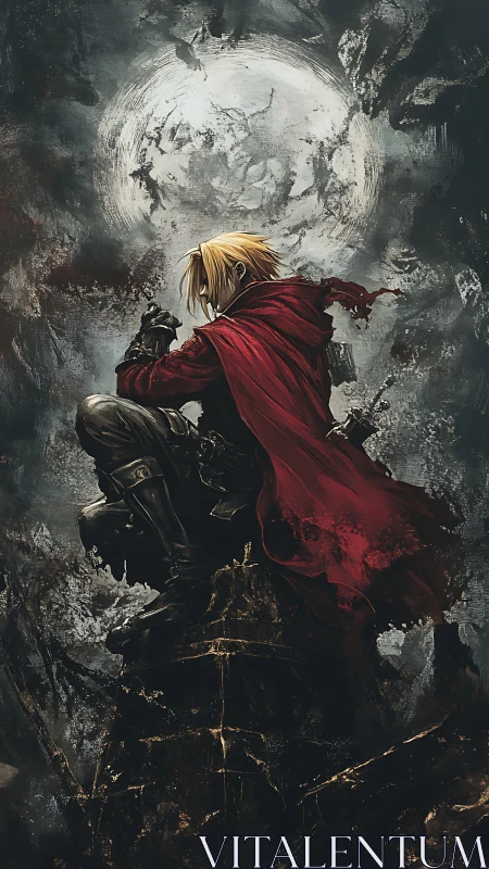 Red cloaked warrior crouched on rock under large moon.