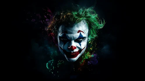 Sinister neon jester emerging from the midnight void.