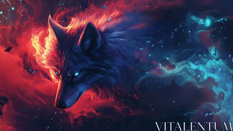 Nebula wolf drifts through cosmic embers and electric dusk.