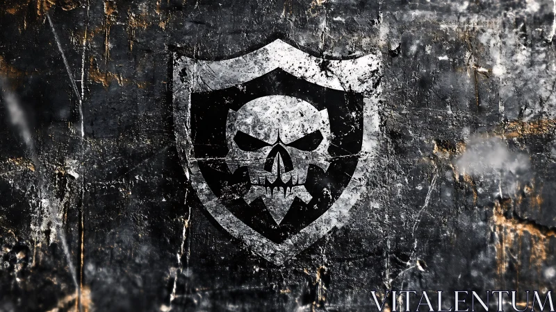 Grunge skull emblem on shield within distressed concrete field.