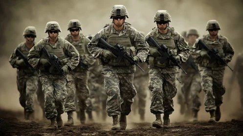 Armed infantry unit advances through dust in dynamic formation