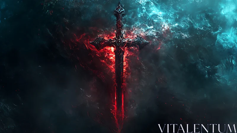 Runed crimson sword glows against turbulent cyan and black vortex
