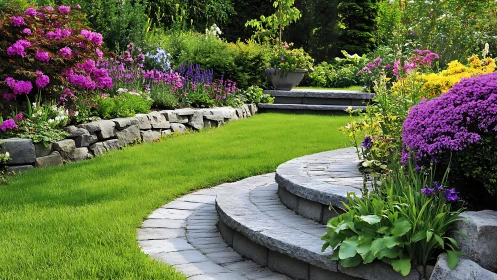 Terraced stone garden with lush lawn and vivid flowers.