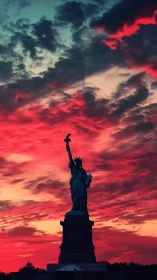 Statue of Liberty silhouetted against vivid crimson sunset sky.