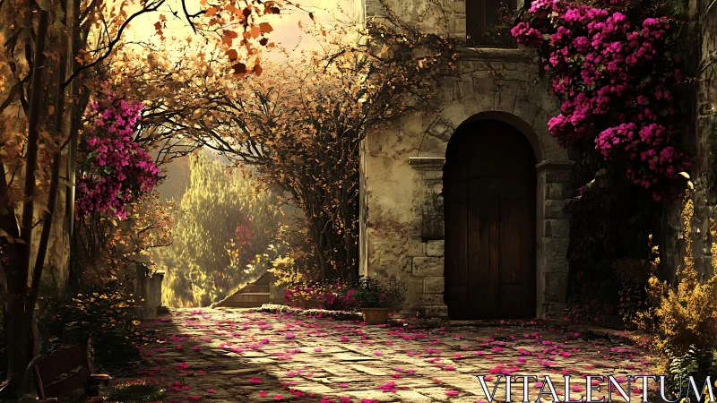 Sunlit stone courtyard with flowering archway and petals.