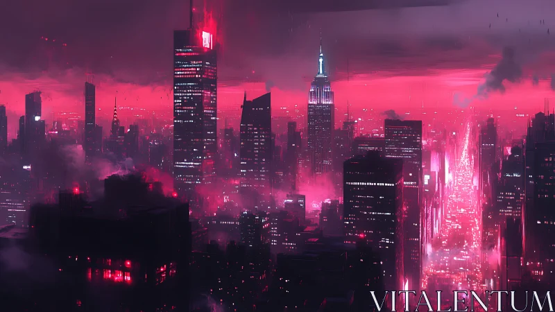 Neon storm over crimson mega-city streets at midnight.