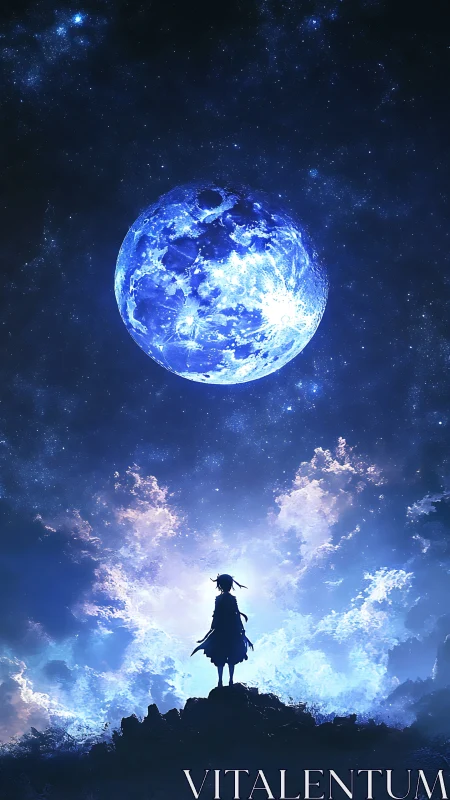 Lone silhouette beneath luminous blue moonlit cosmos.