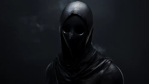 Shrouded faceless figure in glossy black hooded cloak.