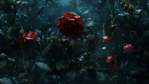 Crimson Roses in Rain: Dark Botanical Study with Dramatic Chiaroscuro.