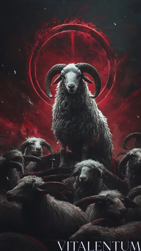 Horned ram rises as ominous leader amid blood-red halo