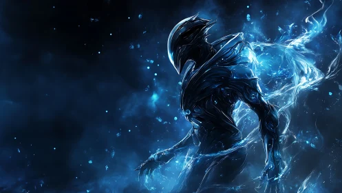 Luminescent cybernetic wraith emerging from fluidic nebula.