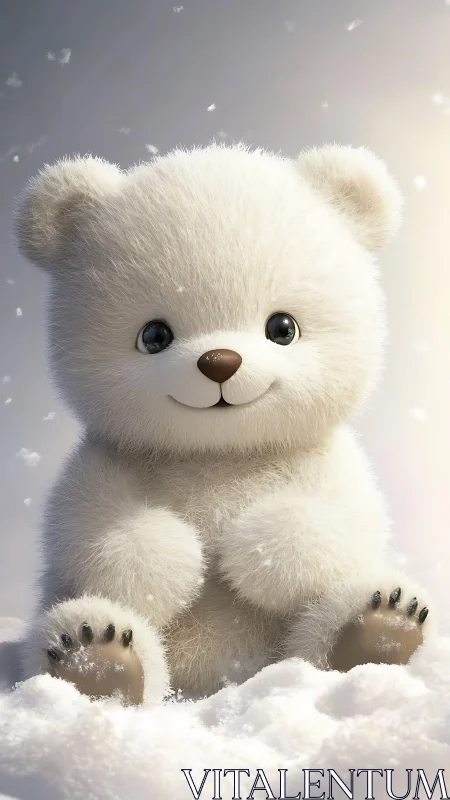 3D-rendered baby polar bear character in soft winter lighting.