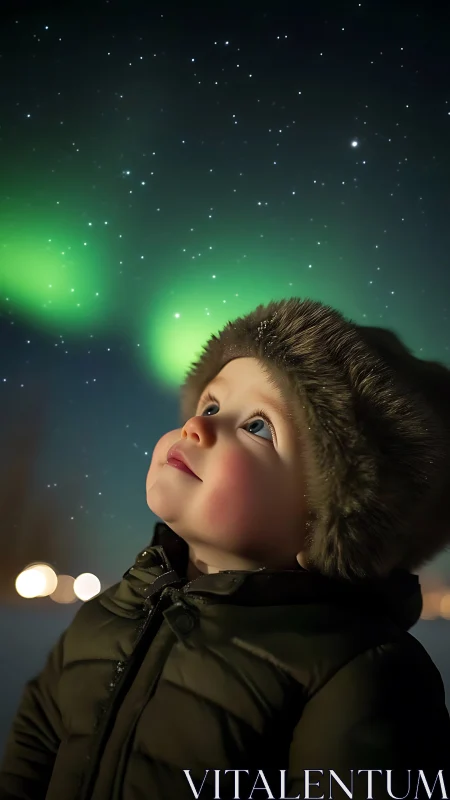 Child in winter coat gazes in awe at glowing northern lights