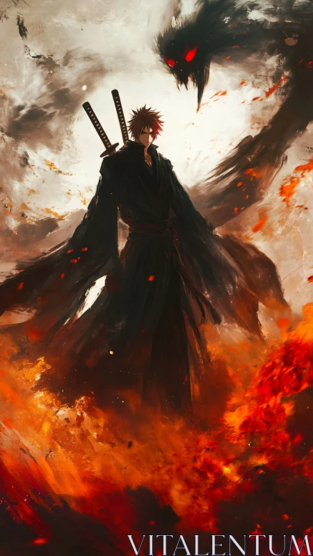 Blade-borne warrior amid infernal flames and looming shadow spirit.