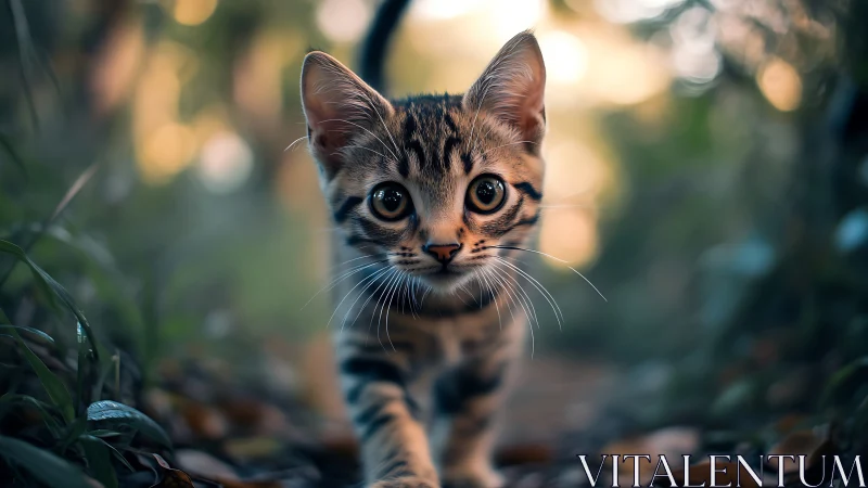 Young Tabby Kitten Emerges Through Misty Garden Light