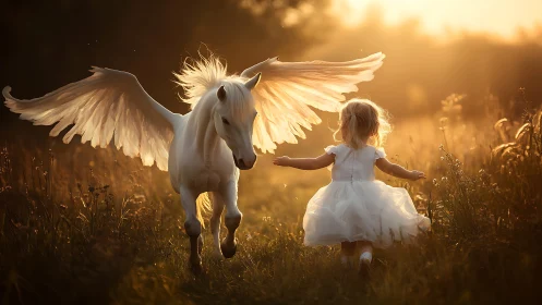Pegasus foal meets child under golden sunset light.