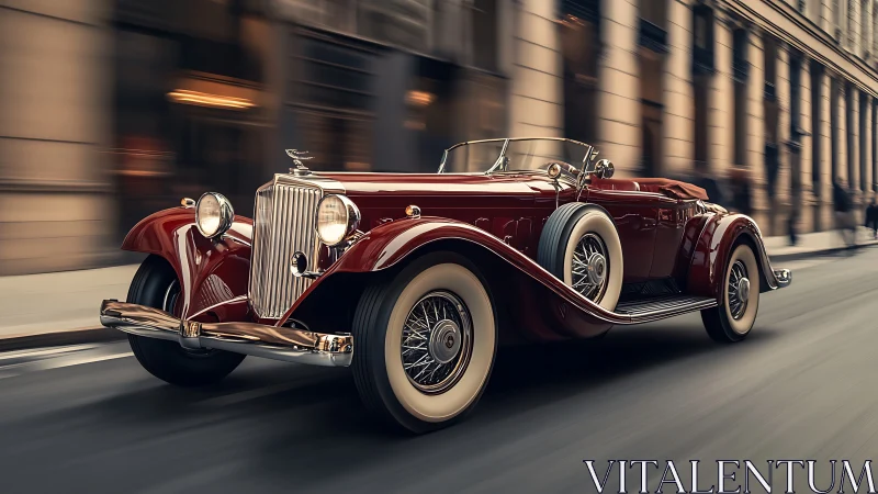 Vintage red roadster driving along urban street scene.