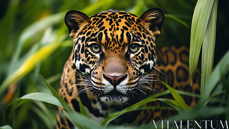 Jaguar close-up staring through dense green jungle leaves.