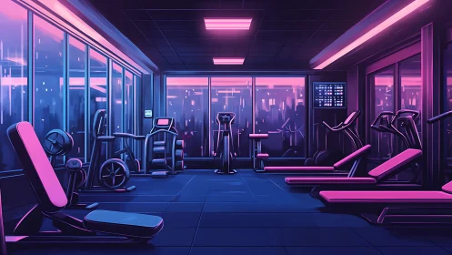 Neon-lit panoramic gym interior with futuristic training systems.