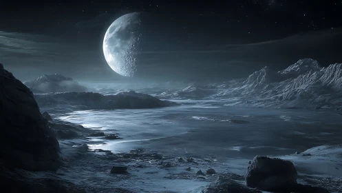 Lunar ice plain under crescent moonlit sky in cold monochrome.