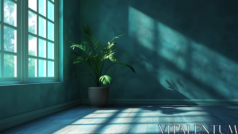 Quiet houseplant studies sunlight stripes on teal walls