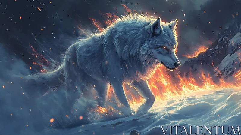 Mythic ice wolf strides before blazing wildfire horizon.