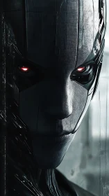 Cybernetic humanoid portrait displays textured metallic face