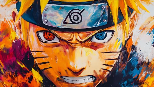 Blazing ninja stare in storm-bright paint and fury.