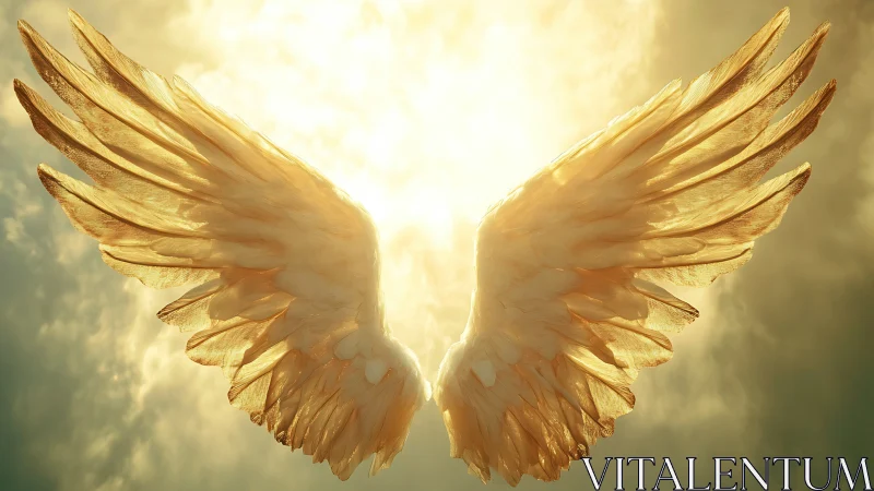 Golden angel wings flare against radiant celestial light.
