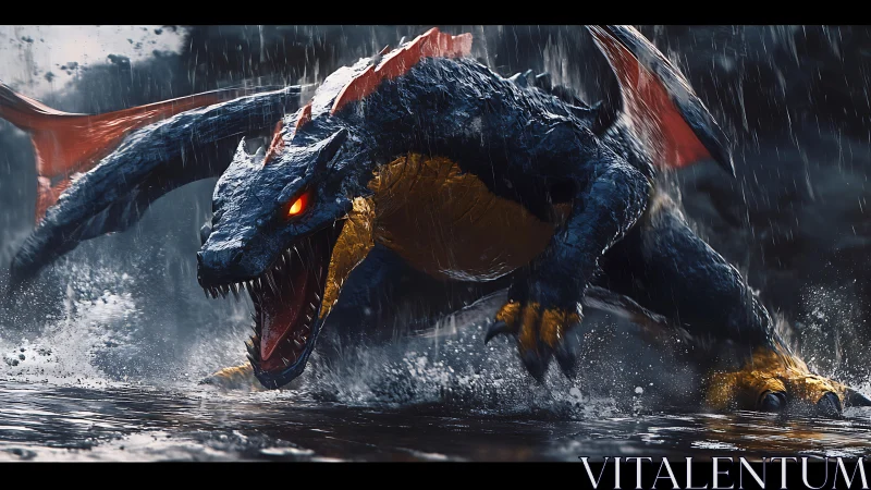 Ferocious dragon lunges through stormy river in attack stance.