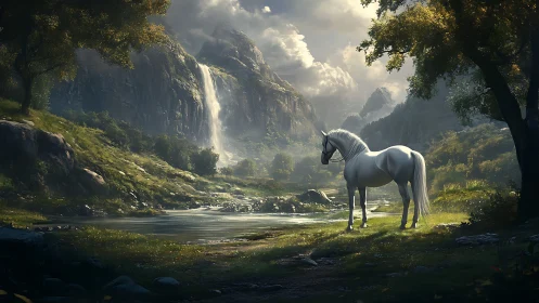 Fantasy digital landscape with white unicorn and waterfall scene.