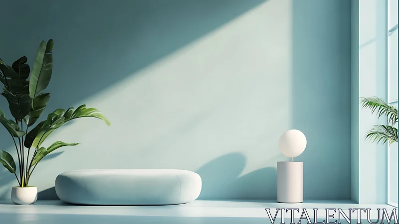 Minimalist teal lounge with cylinder lamp and potted plants