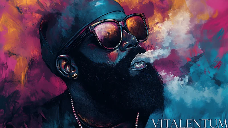 Vibrant digital portrait shows stylized bearded man exhaling smoke