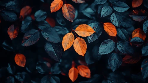 Burnt orange leaves glow against deep teal forest shadows