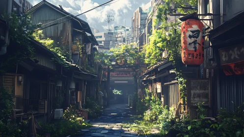 Sunlit overgrown Tokyo alleyway whispers of quiet nostalgia