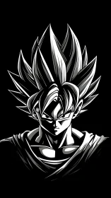 Spiky haired warrior rendered in stark monochrome profile
