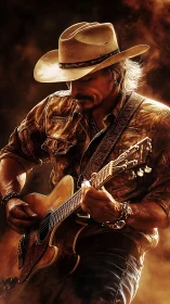Cowboy musician playing acoustic guitar on warm stage light.