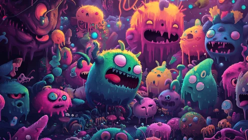Neon slime monsters crowd glowing candy-colored cavern.