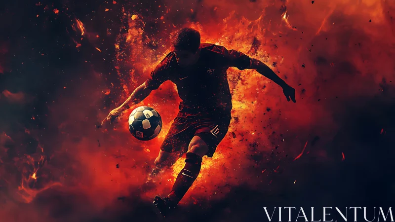 Dynamic footballer silhouette isolated in high-contrast fiery explosion