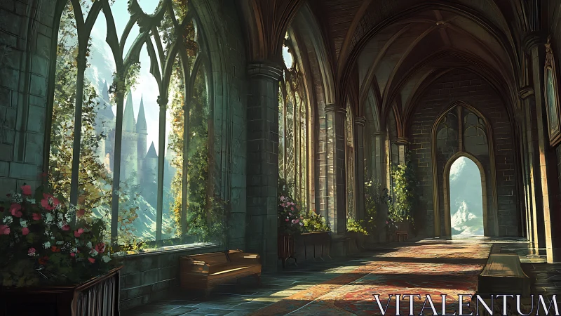 Gothic stone corridor with arched windows and mountain view.