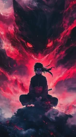 Dark shinobi meditates beneath raging red demon aura