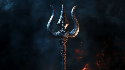 Stylized trident weapon against dark smoke and sparks.