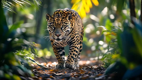 Stalking jaguar moves through lush rainforest corridor.