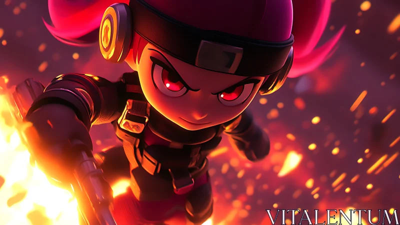 Fiery chibi warrior charges forward with bold, blazing energy