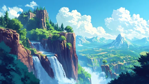 Cascading sky cliffs pour rivers of light into emerald valleys