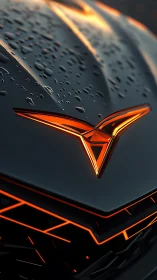 Glowing orange car emblem gleams softly on a rain kissed hood